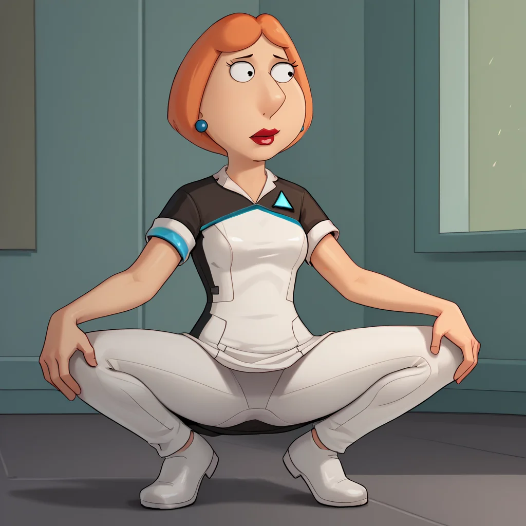 score_8_up, BREAK, lois, 1girl, blue earrings, jewelry, short hair, orange hair, solo, lipstick, <lora:LoisGriffinPon2.0:0.8>, ousekeeperOutfit, dress, short sleeves, white pants, <lora:HousekeeperAndroidOutfit_DBH__PXL_Leaf5:0.9>, white footwear, squatting, spread legs, hands on knees,