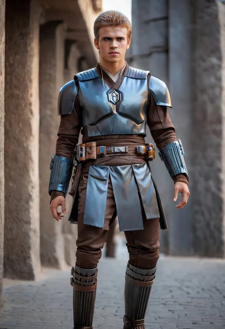 Anakin Skywalker, 18-years old, (((full-body))), blonde hair, bracers armor,7-MandalorianArmour, lightstaff in hands, wide shot, street, Breathtaking, 8k resolution, extremely detailed, beautiful, establishing shot, artistic, hyperrealistic, ultra realistic render, extremely fine details, like-like render, cinematic lighting, dramatic volumetric lighting, masterpiece, light brazen, extremely detailed and beautiful face, 150mm, HDR10 <lora:Wowifier:0.69> <lora:Details:0.85>, starwars, sci-fi, fantasy, intricate, very very beautiful, elegant, neon light, highly detailed, concept art, soft light, hdri, smooth, sharp focus