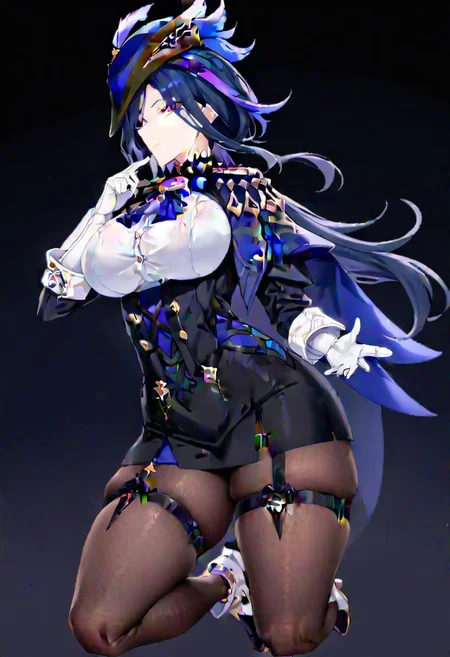 clorinde \(genshin impact\),
white gloves, tricorne, black pantyhose, pencil skirt, black jacket, fold-over boots, ascot, thigh strap, white shirt, underbust, blue cape
masterpiece, best quality, very aesthetic, absurdres, 1milf, 1adult, solo, full_body, tachi-e,