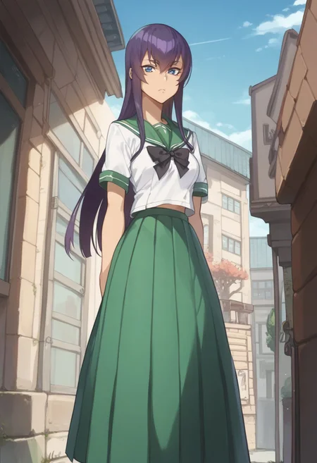 score_9, score_8_up, score_7_up, saeko_busujima, purple hair, blue eyes, long hair, hair between eyes, school uniform, serafuku, green skirt, long skirt, pleated skirt, black bowtie,