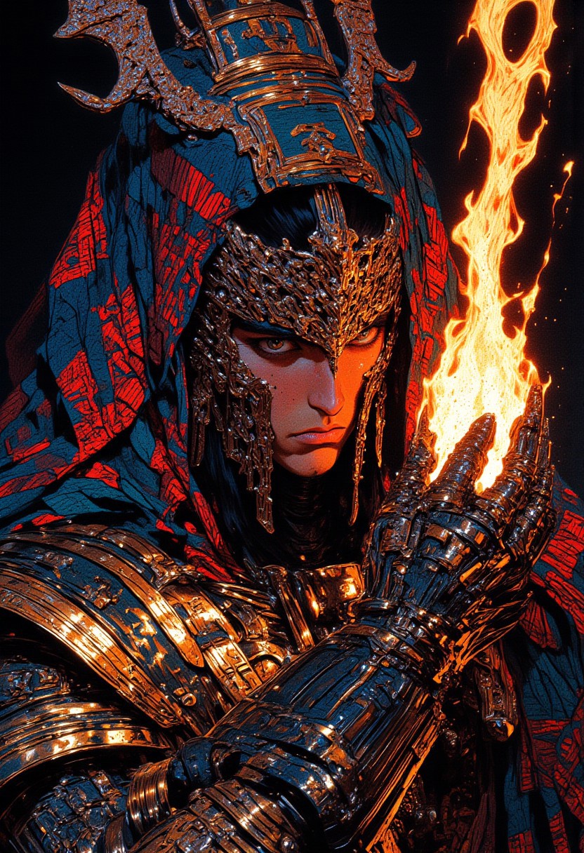 A hyper-realistic portrait of a Chinese woman with a sleek bowl cut and thick lips, her expression stoic and hauntingly calm. She wears a surreal high-neck oversized top adorned with vibrant Aztec patterns, the intricate designs pulsating with electric shades of cobalt blue, crimson red, and fluorescent yellow. A striking black Aztec tattoo wraps around her face like a ceremonial band, one strip extending from her chin to the base of her scarf and another from her left ear to her right ear, each etched with hypnotic geometric patterns. The background features a massive, oversized scarf, appearing mid-fall, its cascading folds painted with a similar Aztec motif in muted black and white, creating a stark contrast. In her left hand, she holds a lit matchstick close to her face, the flame leaping and spreading in surreal tendrils across her cheek, casting ethereal shadows. Her right arm is entirely metallic, its polished surface reflecting the vibrant surroundings as it extends forward in a commanding hand gesture, symbolizing a powerful "stop," as if breaking the barrier between her world and the viewer’s. The cinematic lighting enhances every detail, illuminating the metallic sheen of her arm, the vibrant patterns on her attire, and the fiery streaks across her face. The atmosphere is one of profound surrealism, blending cultural motifs with futuristic elegance.