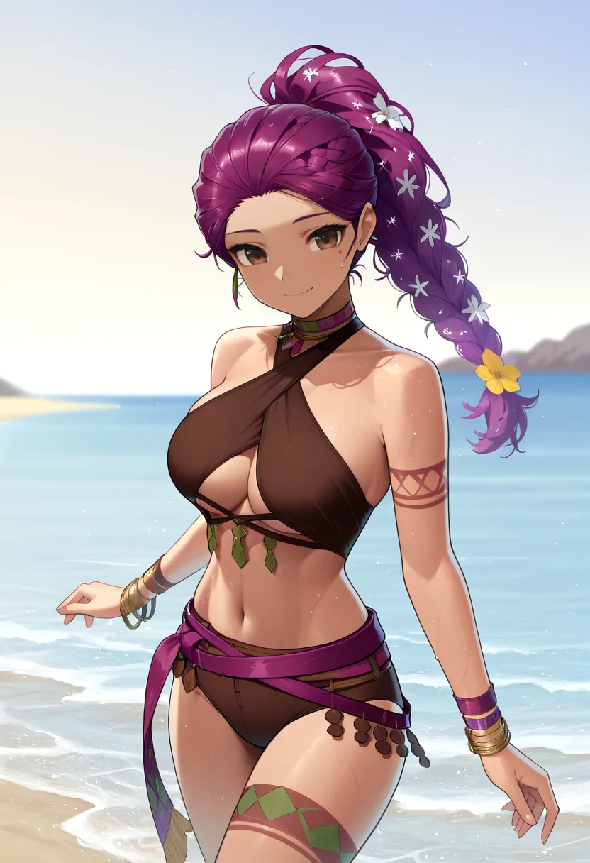 masterpiece, best quality, <lora:Petra-illu-FaS-FE3H-000016:1> , bracelet, braided ponytail, hair flower, purple hair, ponytail, criss-cross halter, bare shoulders, brown eyes, purple belt, gold trim, single braid, water, beach, large breasts, wide shot, smile, midriff, tribal tattoo, cowboy shot, underboob, solo, 1girl,