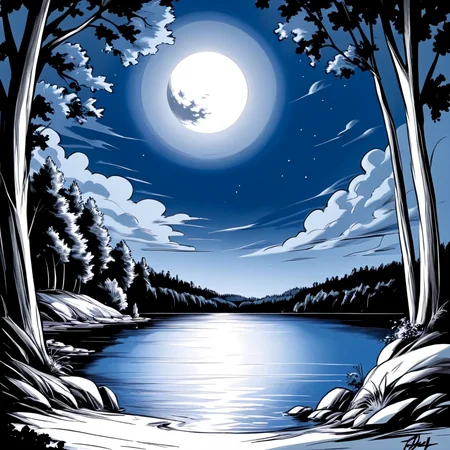 <lora:Azure_Sketch_Illustration:1> ArsMJStyle, AzureSketch, moonlit lake, A black and white drawing of a lake with a full moon in the background., tree, sky, no humans, cloud, nature, scenery, moon, outdoors, water, forest, blue theme, monochrome