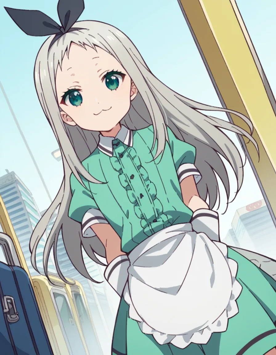 score_9, score_8_up, score_7_up, source_anime, <lora:hideri-kanzaki-s1-ponyxl-lora-nochekaiser:1>, hideri kanzaki, long hair, bow, green eyes, hair bow, grey hair, male focus, hairband, black hairband, otoko no ko, forehead,, gloves, dress, short sleeves, frills, puffy sleeves, white gloves, apron, puffy short sleeves, waist apron, white apron, frilled apron, waitress,, train station, waiting for train, suitcase, traveling, commute, city skyline, hands behind back,, smile, looking at viewer, hand touching face, foot pointed, elbow up, solo,, cowboy shot, dutch angle