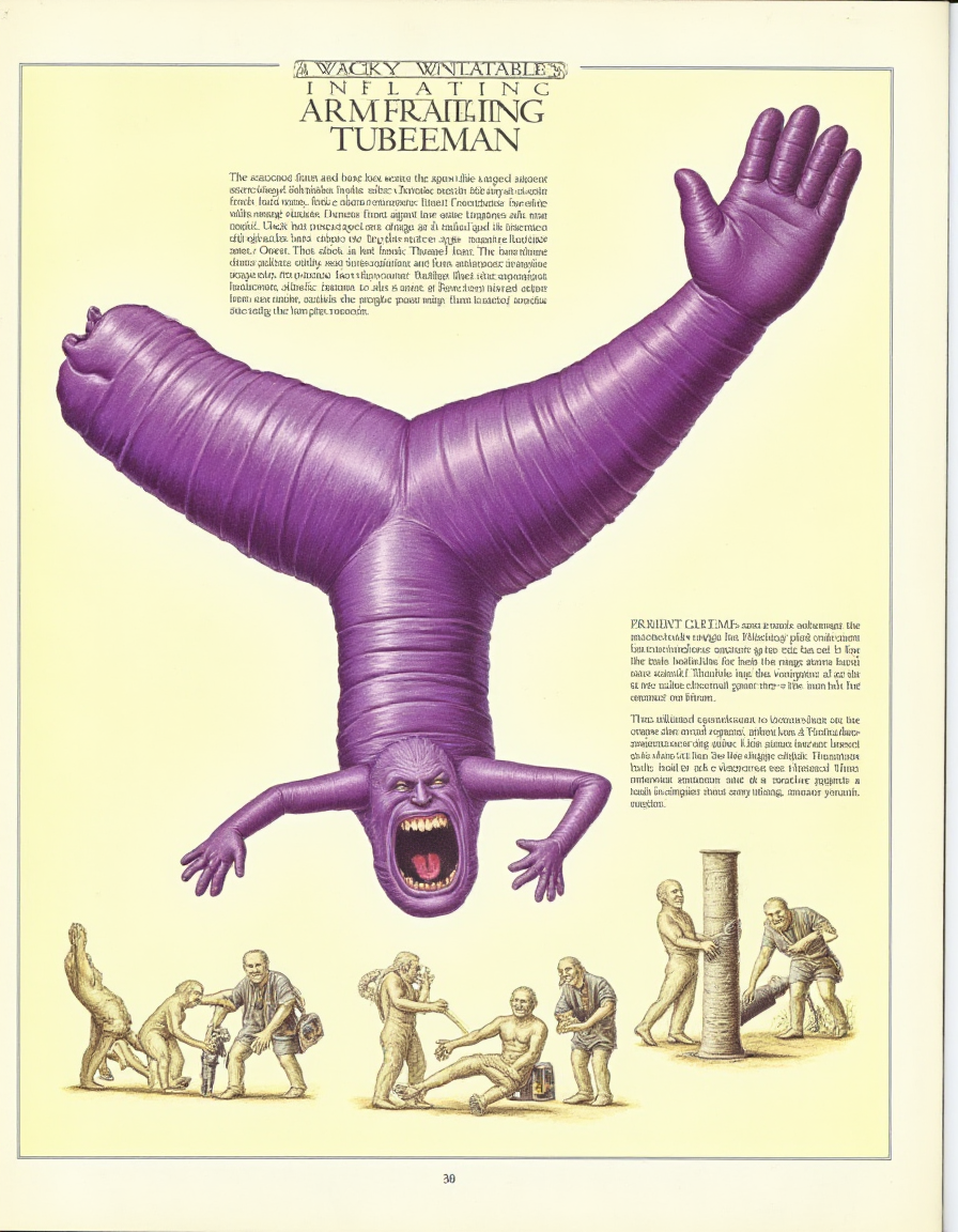 best quality, masterpiece (quality),  
inflatable, ping and purple tube man, medical diagram,  inset text, ancient symbols, body horror,  horror \(theme\), 
page title text is "WACKY WAVING INFLATABLE ARM-FLAILING TUBEMAN"
 <lora:AfterMan-flux-v1:1> <lora:inflatable_tube_man-flux-v1:1>