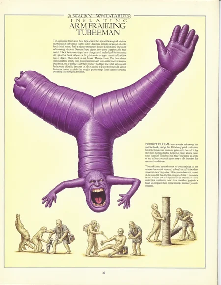 best quality, masterpiece (quality),  
inflatable, ping and purple tube man, medical diagram,  inset text, ancient symbols, body horror,  horror \(theme\), 
page title text is "WACKY WAVING INFLATABLE ARM-FLAILING TUBEMAN"
 <lora:AfterMan-flux-v1:1> <lora:inflatable_tube_man-flux-v1:1>