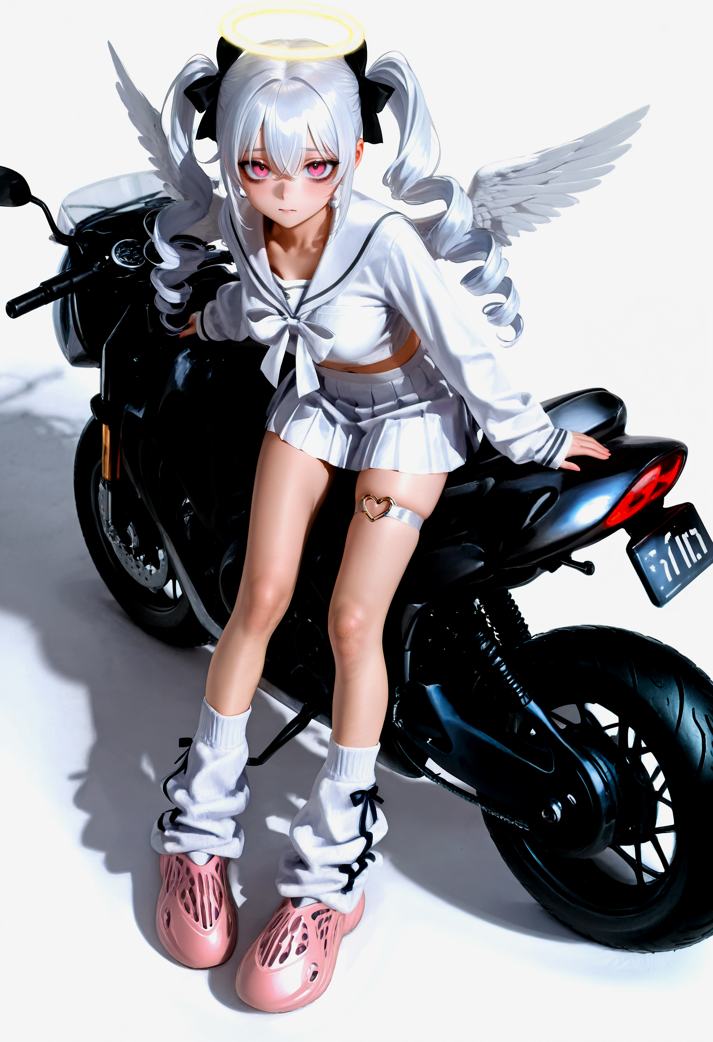 full body, from above, foot focus, (aged up), sleeves past wrists, midriff peek, white wings, white skirt, white serafuku, long sleeves, white bow, ribbon, light pink shirt, heart o-ring, simple background, looking at viewer, white theme, hair ornament, cowboy shot, pink eyes, mini wings, white bowtie, long hair, halo, 1girl, plump, loose socks, pleated skirt, angel wings, thigh strap, drill hair, hair between eyes, white socks, school uniform, white hair, tired, bags under eyes, white background, twintails, cross, white sailor collar, f0am rvnners, light pink footwear, motorcycle, leaning forward,<lora:IL\touching_grass_v0.2:0.8> <lora:IL\KMS_Yeezy_Foam_Runners_IL-000019:1>