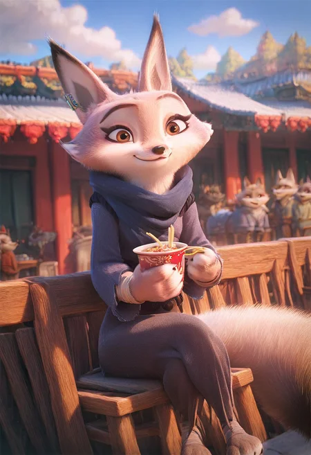score_9, score_8_up, score_7_up, score_6_up, score_5_up, score_4_up, 
Zhen, Corsac fox, Furry, Right-sided jade ear piercing, Fur Gray and White, brown eyes,  1girl, petite, disney, source_cartoon,smile,outside,ramen restaurant,casual clothes,sitting on a chair bench,not looking at anyone,closed mouth,smile