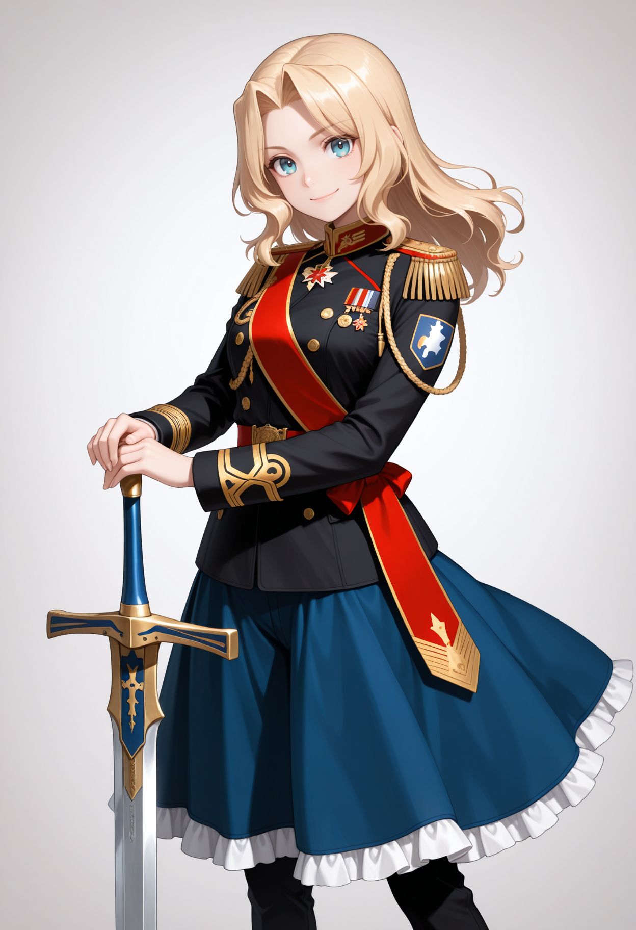 masterpiece,best quality,absurdres,highres,very aesthetic,high quality,detailed,insanely detailed,beautiful, looking at viewer,
hands on hilt, 
<lora:Kay illu v2 :1>, 1girl, blonde hair, epaulettes, blue eyes, holding weapon, standing, black pants, military uniform, medal, long hair, belt, saber (weapon), closed mouth, long sleeves, aiguillette, red sash, emblem, black jacket, sword, smile, blue skirt, frills skirt, hair intakes, fringe trim,