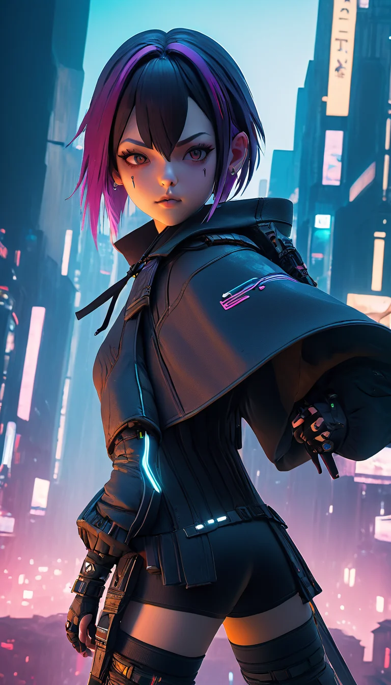 1girl, cyberpunk female, extremely detailed piercing eyes, hero view, action pose, cinematic scene, scenery, detailed background, masterpiece, best quality, high quality, highres, absurdres, very detailed, high resolution, sharp, sharp image, 8k, vivid, colorful <lora:hisiya_xl_v1:1.5>