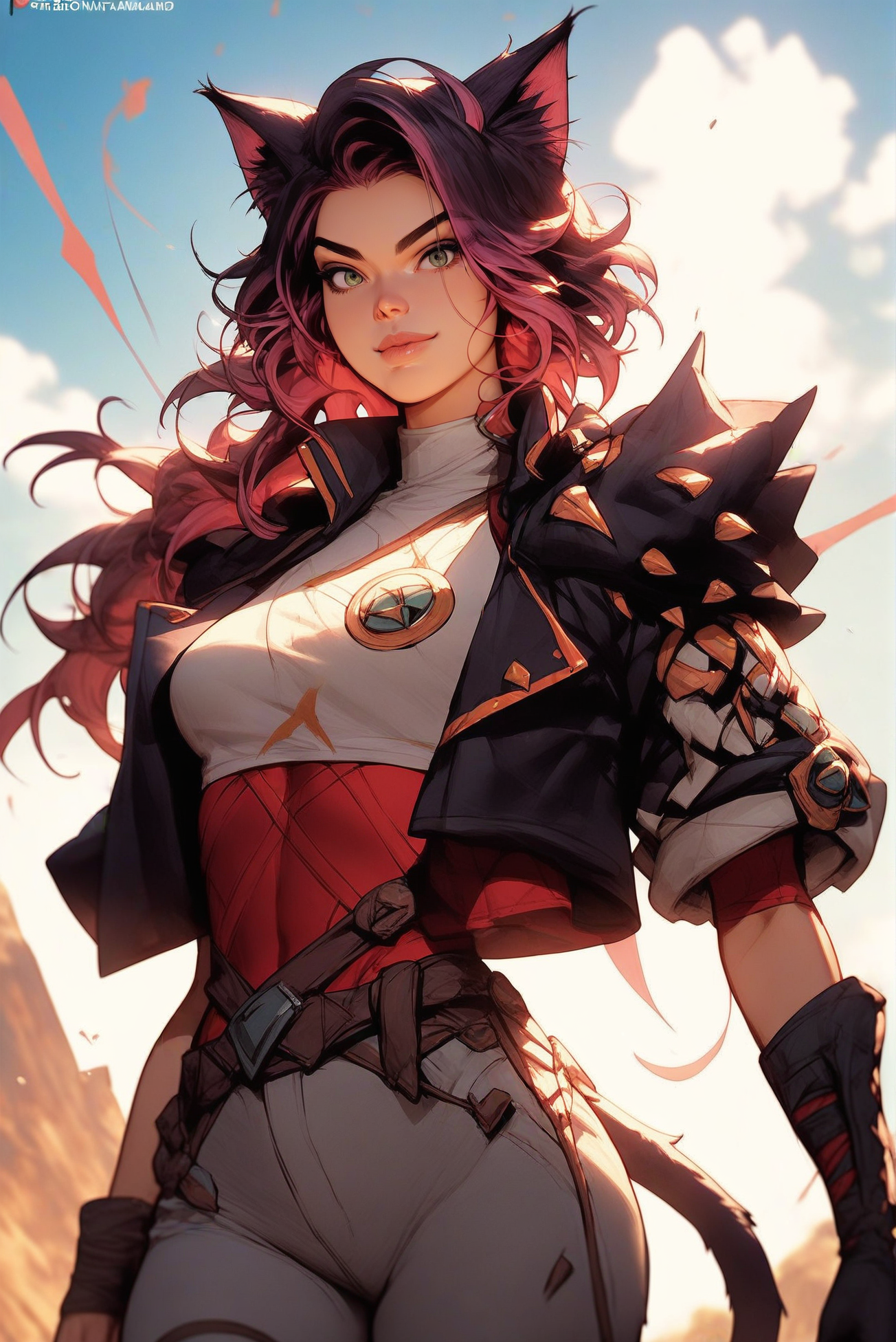 source_anime, score_9, score_8_up, score_7_up, anime style, rating_safe, 1girl, woman, cat ears desert rogue lord villainess, tight pants, midnight, bombshell hair, subsurface scattering deep color:darkmagenta hair, multcolored hair, average figure, caucasian, Monster Hunter's Land<lora:ponyprettyeyes1:1>
