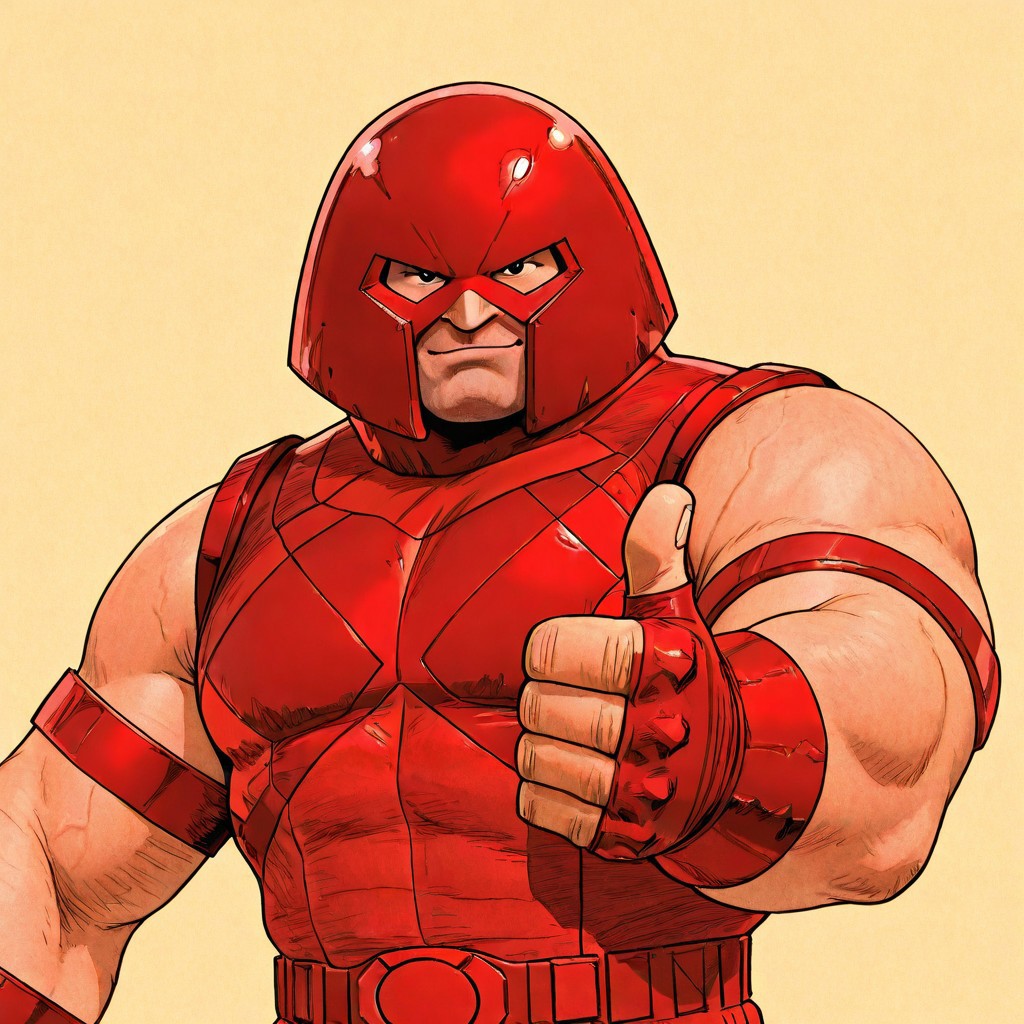 Marvel comics, old comicbook style, black outline, 
masterpiece, absurd res, best quality, newest, very aesthetic, 8k, 2d, comic style, retro, solo male, upper body, RedJug, red outfit, red helmet, looking at viewer, (thumbs up), simple background,