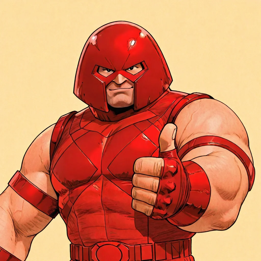 Marvel comics, old comicbook style, black outline,
masterpiece, absurd res, best quality, newest, very aesthetic, 8k, 2d, comic style, retro, solo male, upper body, RedJug, red outfit, red helmet, looking at viewer, (thumbs up), simple background,