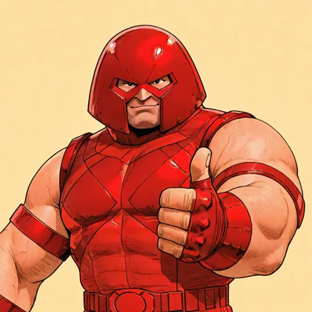 Marvel comics, old comicbook style, black outline, 
masterpiece, absurd res, best quality, newest, very aesthetic, 8k, 2d, comic style, retro, solo male, upper body, RedJug, red outfit, red helmet, looking at viewer, (thumbs up), simple background,