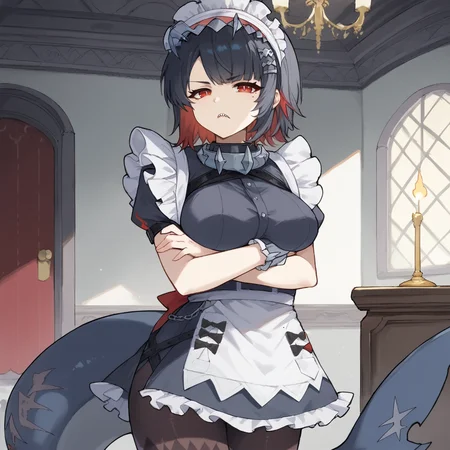 zPDXL,anime artwork score_9,score_8_up,score_7_up,2d,<lora:Blacksouls-PonyXL-1024px-v1.1:0.8>,<lora:anime-detailer-xl:1.5>,<lora:Expressive_H-000001:1>,Expressiveh,(source_anime),raytracing,rating_questionable,rating_safe,
solo,1girl,<lora:ellen_joe_pony:1>,mature female,milf,ellen_joe,medium breasts,
indoors, mansion, dining room, scenery, chandelier,
maid_headdress,black_dress,wrist_cuffs,puffy_short_sleeves,frilled_dress,black_pantyhose,white_apron,maid apron,hairclip,spiked_collar,
absurdres,mole_under_eye,shark tail,fins,v-shaped_eyebrows,sharp teeth,red eyes,(black hair),gradient hair,red hair,short hair,
cowboy shot,looking at viewer,cute,attractive,
eye contact,standing,crossed arms,arms under breasts,:<,
. anime style,vibrant,studio anime,highly detailed,