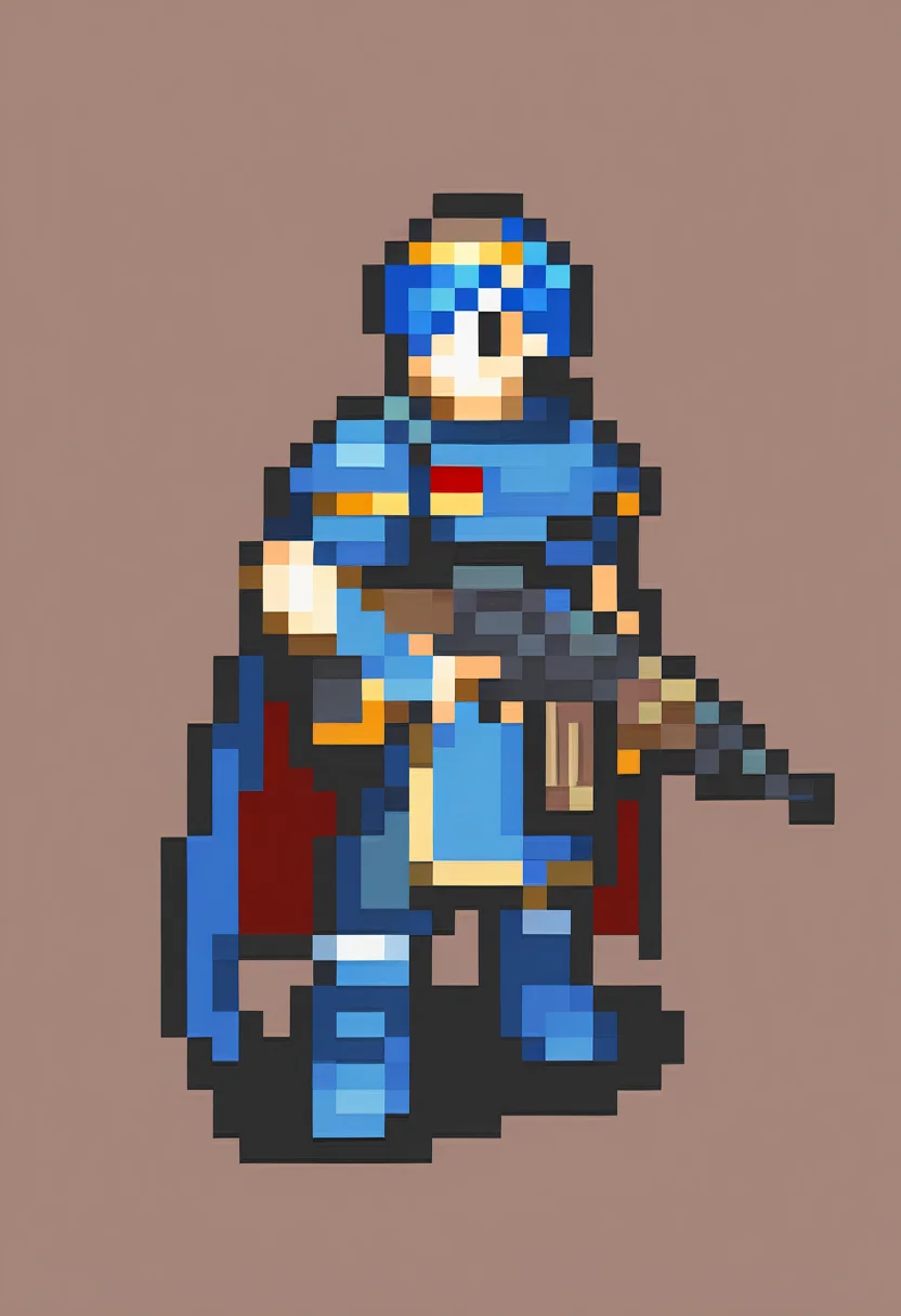 masterpiece, best quality, solo, 1boy, <lora:FEGBA-Sprites-illus_Fp:1>, simple background, pixel art, full body, marth \(fire emblem\), assault rifle, ak47