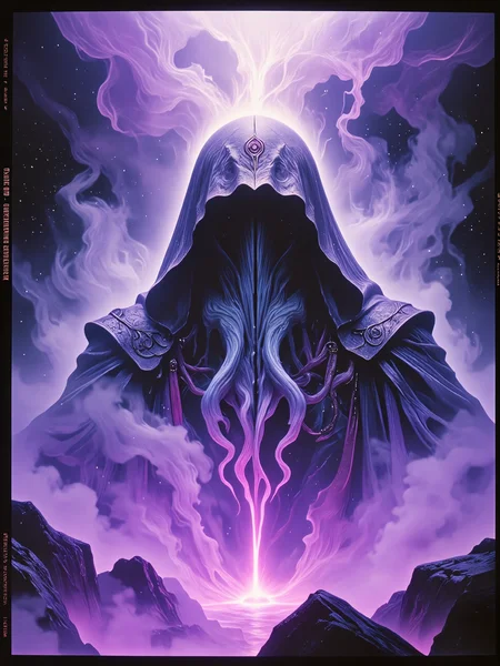 famous artwork,hyper-realistic, award-winning 80s cinematic fantasy movie still, highly aesthetic, gorgeous, stunning, beautiful, high resolution, uhd, 8k, 4k, dramatic, epic, meticulous, accurate, at night, dim lighting, dynamic, the cosmic horror empowers me, an escape from my need to believe, i stare into the vast cold void to conquer, magic vapors, eerie, ethereal, dark corners, eldritch vapors, arcane rune, eldritch magic, formless nightmare, glowing run, foreboding atmosphere, silent horror, harmonizing colors, the color palette is predominantly royal purple and eggshell white and ultramarine blue and bordeaux red and teal and ebony black, lovecraftian, cthulhu mythos, ovg, arsmoviestill, dndgr41nyb0yz style, <lora:image_enhancer-flux-by_dever:0.68> <lora:style-80s_fantasy_movie-v3-flux-by_arsmachina:0.96> <lora:style-dnd_grainyboyz-romulus-flux-by_kimwithdapuss:0.32>