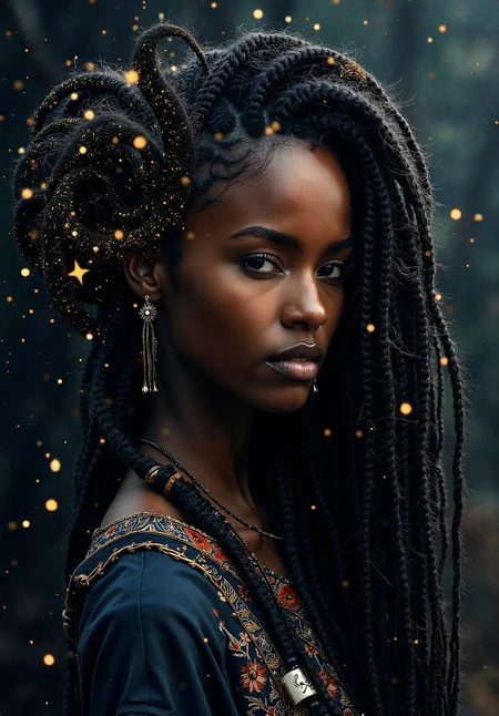 a detailed image of a dark=skinned woman with dark braids and beads, her hair blending seamlessly into a spiraling, fractal-like pattern with detailed skin and detailed skin pores The background glows with star-like particles, giving the impression that she is weaving the cosmos itself with her hair.
translucent veil-like effects that overlay the fractal patterns, giving the background a layered, mysterious look.
