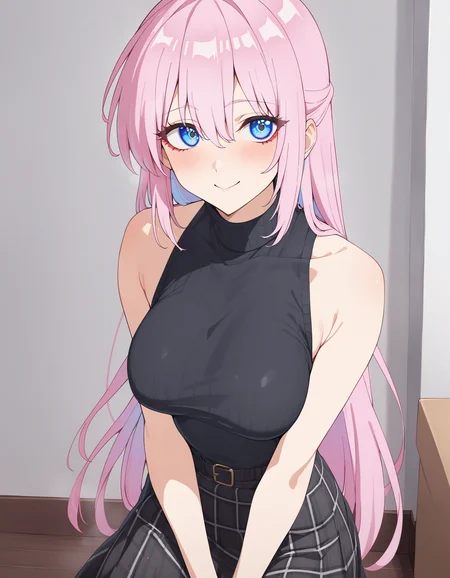 1girl, shikimorisan, pink hair, long hair, blue eyes, hair between eyes, bangs, blush, makeup, smile, breasts, black sweater, bare shoulders, sleeveless, skirt, looking at viewer, masterpiece, best quality <lora:shikimorisanXLv1:1>