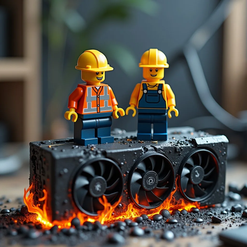 two tiny lego construction workers in are sitting on a giant graphics card that is burnt and ruined. The text "work in progress" is written in black font
