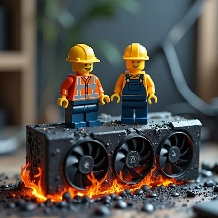 two tiny lego construction workers in are sitting on a giant graphics card that is burnt and ruined. The text "work in progress" is written in black font