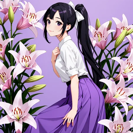 masterpiece, best quality, very aesthetic, absurdres, (2d:1.4),from side
1girl,solo,black hair,long ponytail,(black eyes:1.1),hair ribbon,white ribbon,white blouse,small breasts,(violet long skirt:1.4),smile,jitome,leaning forward, looking at viewer, pose
(lily background:1),pink background,<lora:Flowered_pattern:0.9>,<lora:Fixhands_anime_bdsqlsz_V1:1>,<lora:Tulip:0.1>