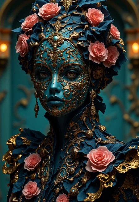 masterpiece, best quality, highres, realistic, best quality,
score_9, score_8_up, score_7_up,
Detailed. Full body art.
Surrealism. Abstract. Portrait. digital and analog texture. mysterious woman. Glass mask. elaborate decorations. pink roses. Brown eyes. Mysterious. divine attraction. The background setting is a medieval ballroom at night. the moon shines through the windows. The ballroom is lit with candles. surreal, cinematic atmosphere. timeless beauty. Elegance. midjourney_whisper_avant_couture, abstract, ff-surreal