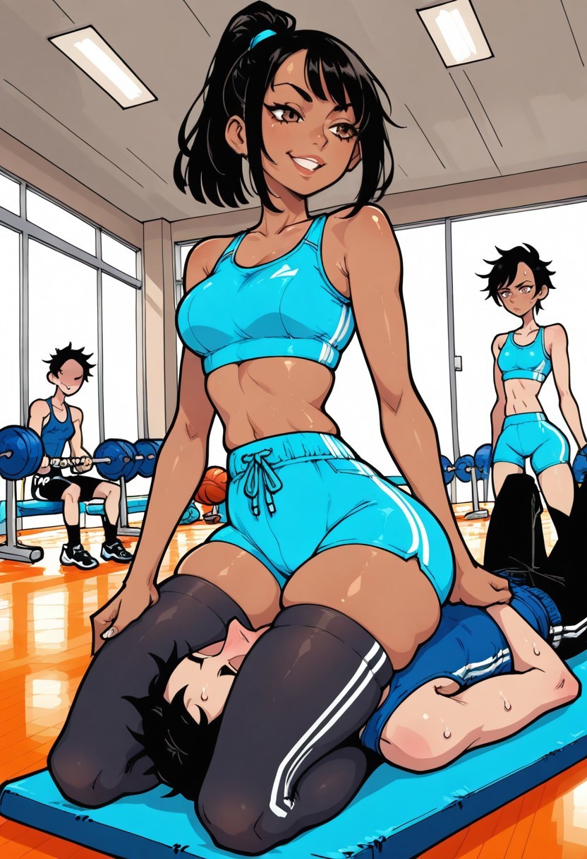 masterpiece, best quality, amazing quality, 4k, high resolution, absurdres, newest,  facesitting, femdom, two persons, gym, 1girl, black hair, brown eyes, medium length hair, high ponytail, dark skin, black legwear, blue sports bra, dominant female, skinny, skindentation, sitting on face, BREAK 1guy (faceless boy, short hair, submissive boy, casual outfit), mmarker