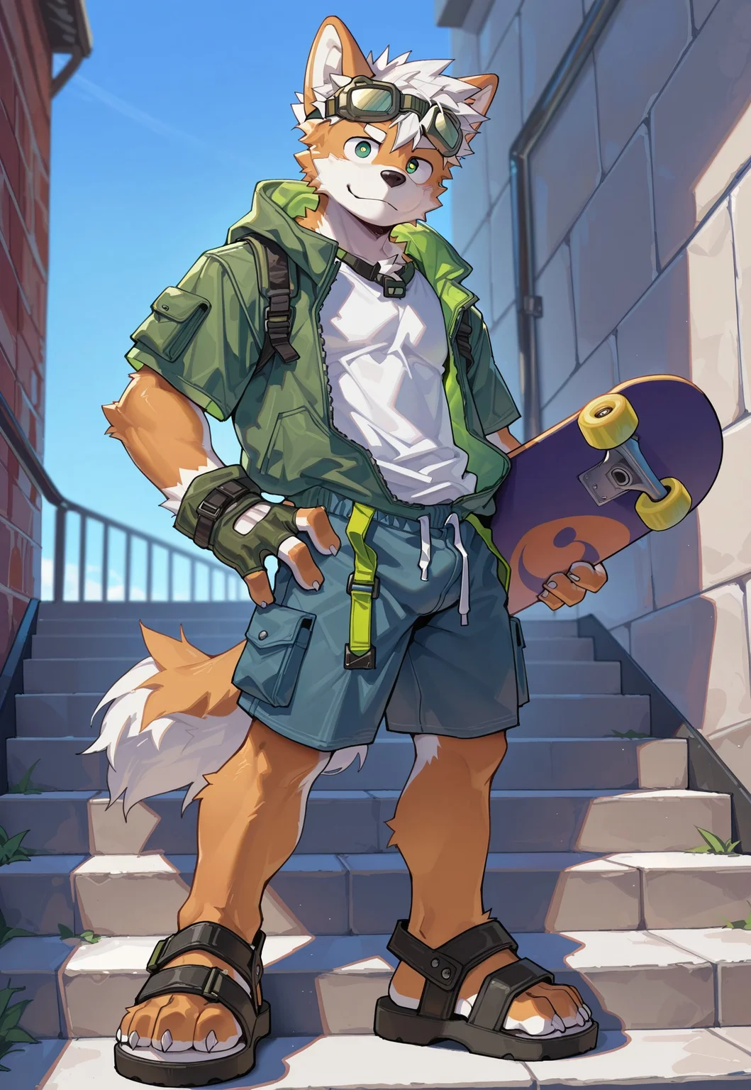 ra1ny, masterpiece, best quality, amazing quality, 1boy, solo, male focus, furry male, dog boy, two-tone fur, white fur, orange fur, green eyes, white hair, open clothes, jacket, goggles on head, shorts, fingerless gloves, sandals, holding skateboard, standing, hand on own hip, outdoors, staircase, bricks, looking at viewer