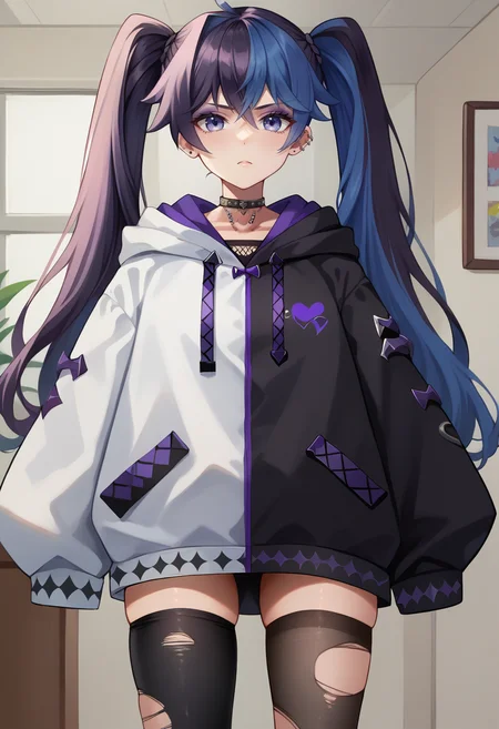 score_9, score_8_up, score_7_up, source_anime, KsonGoth, long hair, twintails, multicolored hair, blue hair, black hair, purple hair, black choker, two-tone hoodie, white hoodie, black hoodie, sleeves past wrists, black thighhighs, torn thighhighs, indoors, expressionless, <lora:ChamKsonPonyXL:1>