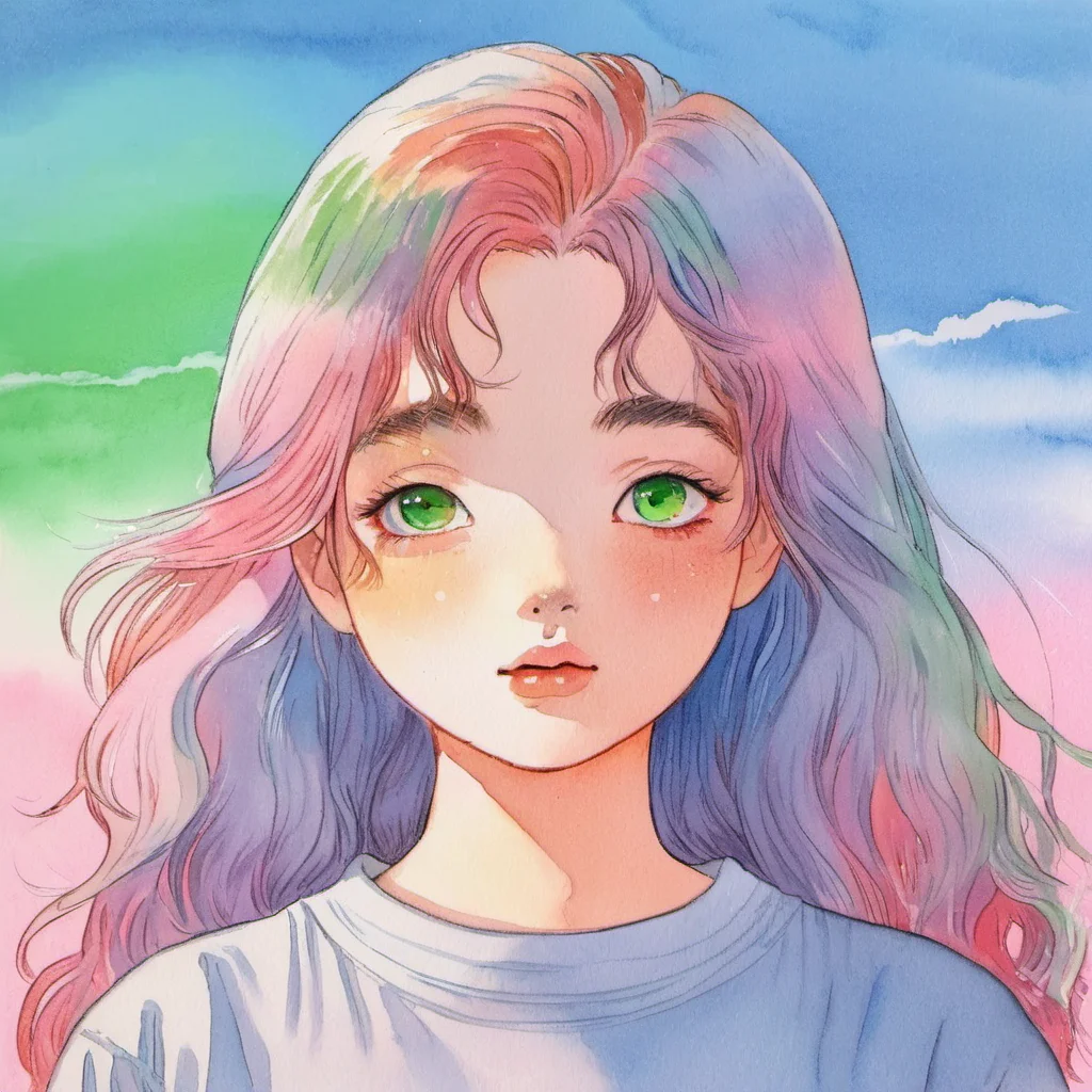 water color, 1girl, solo, heterochromia, multicolored hair, long hair, green eyes, looking at viewer, Blue and pink gradient background, parted lips, sky, shirt, upper body,watercolor,texture,