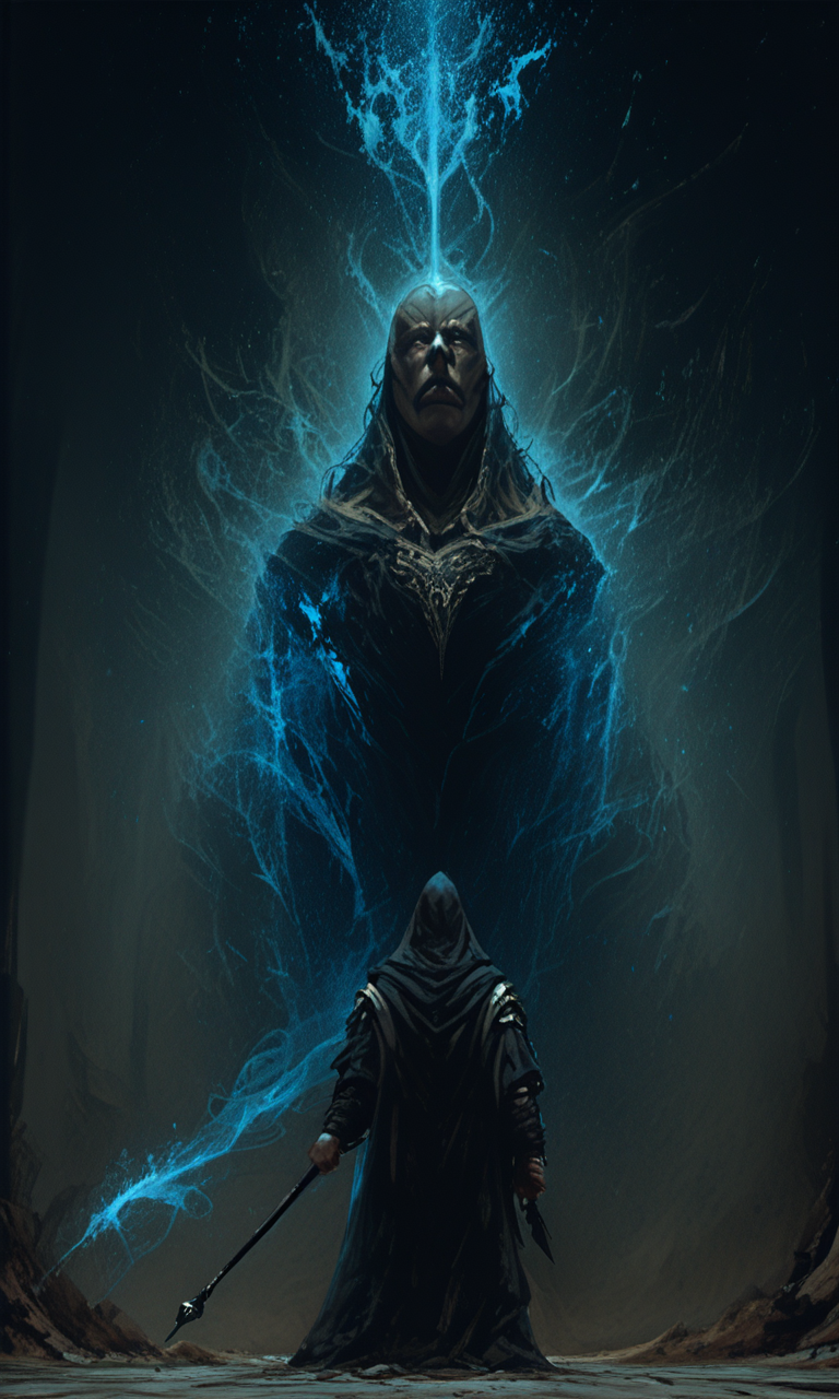A digital painting of a dark stormy night with a towering menacing figure in the background and a smaller cloaked figure in front wielding a staff. The scene is illuminated by eerie glowing blue light, masterpiece, fine details, dynamic , <lora:- iLL - PdJ_highres_counterweight _V1.0-step00007000:.6>, <lora:- iLL - vl_abstractbrush_finished_V1.0:.8>  <lora:BossBattleIL:0.8>