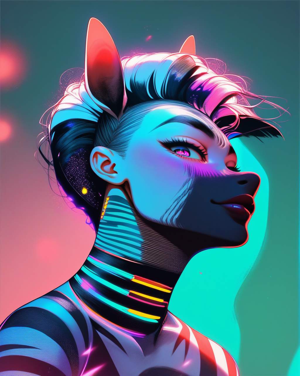 score_9, score_8_up, score_7_up, zebra-animal, <lora:neoninijicolorsteell_v2:0.8> color contrast, niji style, niji, sharp lighting, neon color palette, high contrast, surrealistic glow, vector art influence, anime-influenced art style, sleek, focus on geometry, sharp lighting, stylized expression, digital painting, cosmic color:steell-acid-yellow