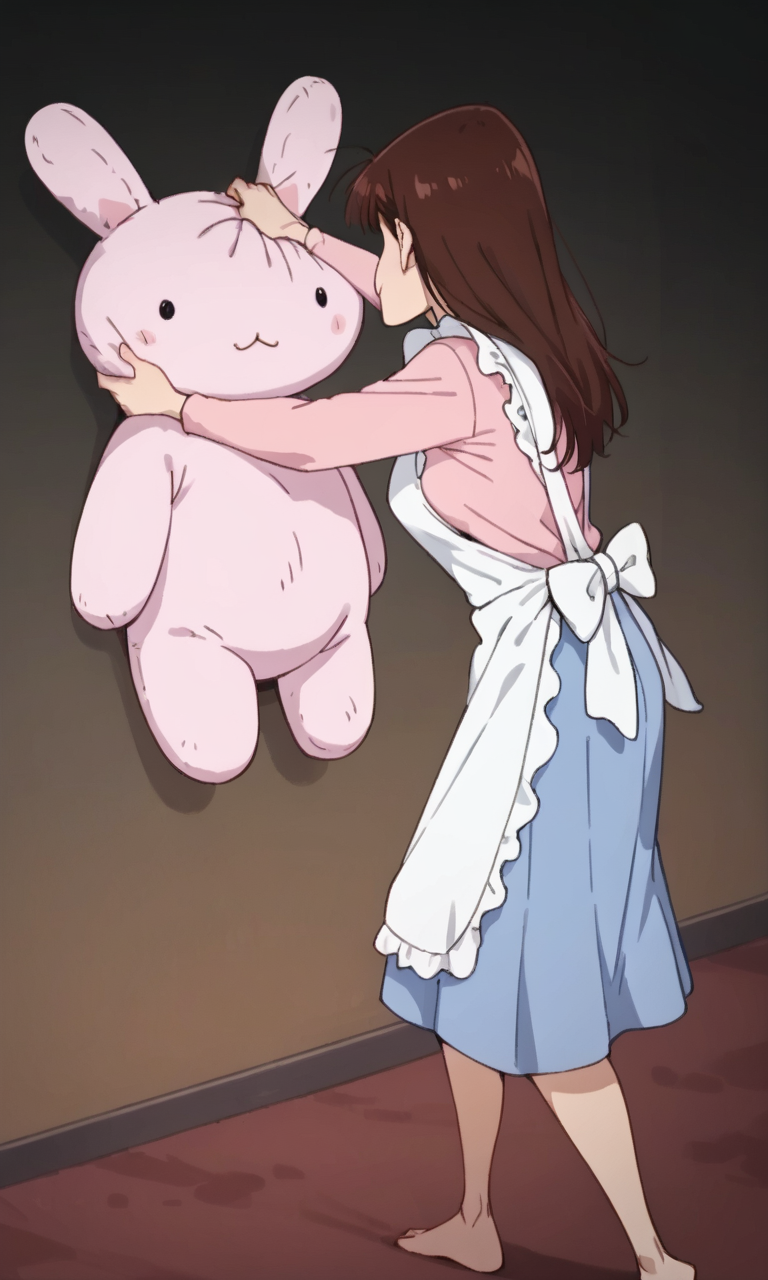 (1girl:1.5), (solo:1.3), (score_9, score_8_up, score_7_up, score_6_up, score_5_up, score_4_up), (source_anime), rating_questionable, looking at viewer, (upper body:1.3), outdoors, (sakurada-moeko), (black eyes, eyelashes, brown hair, long hair, parody hair, voluminous bangs, fluffy bangs, mature female), (white frilled apron, chest apron, pink shirt, long sleeves, light blue skirt), (huge breasts, wide hips, thick thighs), <lora:sakurada-moeko-dark_v1:0.8> (dark room, side view, facing away, shaded face, gigantic stuffed animal, pushing stuffed animal, punching stuffed animal, fighting stance, barefoot:1.5)