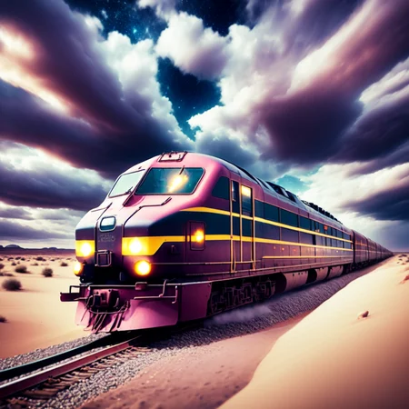 (CosmicTrain style:1) train traveling down train tracks through a desert, a cloudy night sky <lora:djzCosmicTrainV21:0.8>