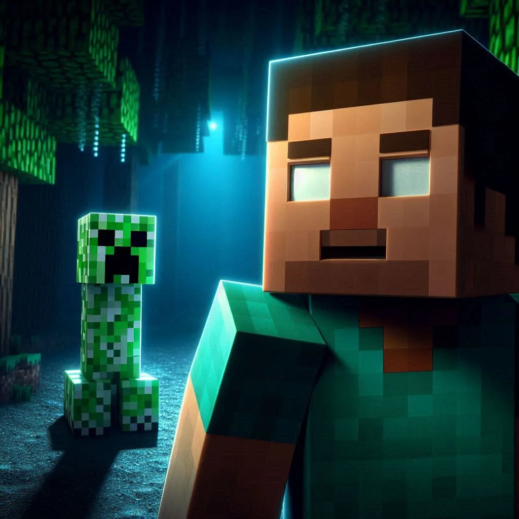 Steve from Minecraft looking towards the viewer with realization that a creeper is standing behind him, in a spooky dark forest setting