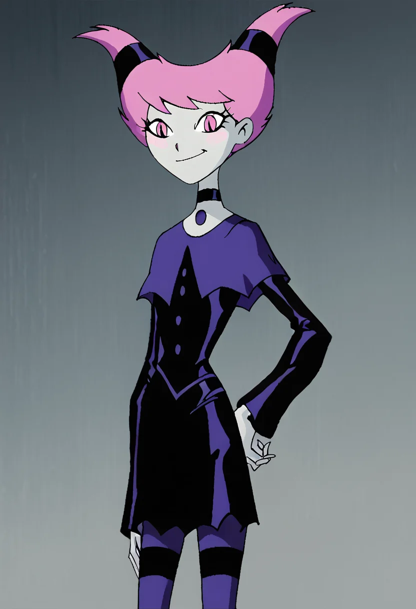 <lora:JinxTTPony1.0:1> jinx, 1girl, pink hair, buttons, twintails, solo, pink eyes, slit pupils, blush stickers, black choker, dress, grey skin, smile, striped pantyhose, capelet, score_9, score_8_up, score_7_up, score_6_up, score_5_up, score_4_up, looking at viewer, hand on own hip, cowboy shot,