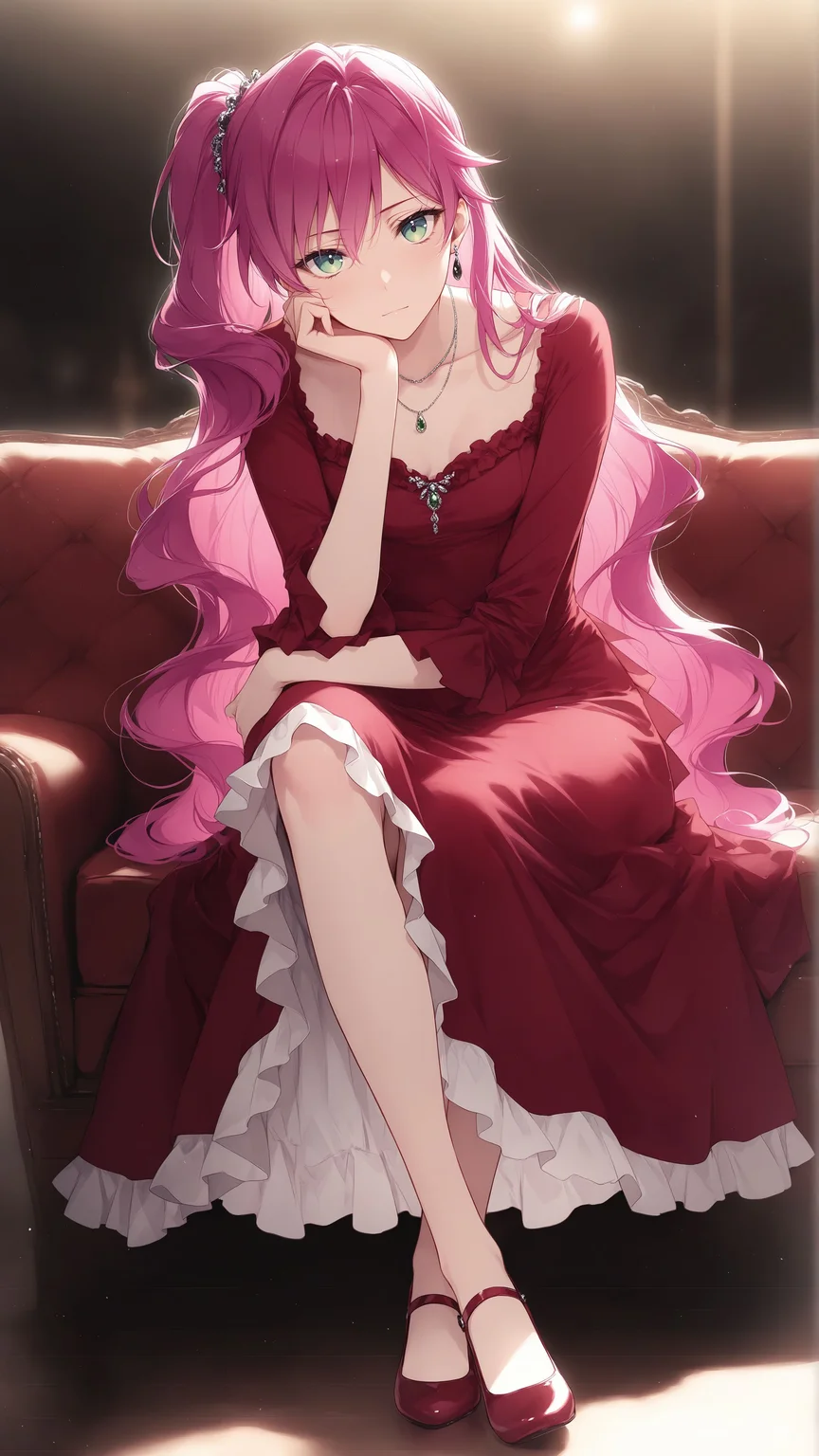 masterpiece, best quality, amazing quality, Smooth Quality, penelope eckhart, 1girl, small breasts, pink hair, green eyes, bangs, wavy hair, long hair, red dress, frilled dress, necklace, side ponytail, sitting, coach, luxory coach, resting head on hand, earrings, full body, blurred background, backlighting, red coach, looking at viewer, arm on leg, <lora:penelope_eckhart-illustrious-v-1:0.7>, <lora:NOOB_vp1_detailer_by_volnovik_v1:0.5>, <lora:Add_Details_v1.2:2>