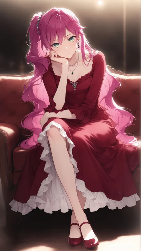 masterpiece, best quality, amazing quality, Smooth Quality, penelope eckhart, 1girl, small breasts, pink hair, green eyes, bangs, wavy hair, long hair, red dress, frilled dress, necklace, side ponytail, sitting, coach, luxory coach, resting head on hand, earrings, full body, blurred background, backlighting, red coach, looking at viewer, arm on leg, <lora:penelope_eckhart-illustrious-v-1:0.7>, <lora:NOOB_vp1_detailer_by_volnovik_v1:0.5>, <lora:Add_Details_v1.2:2>