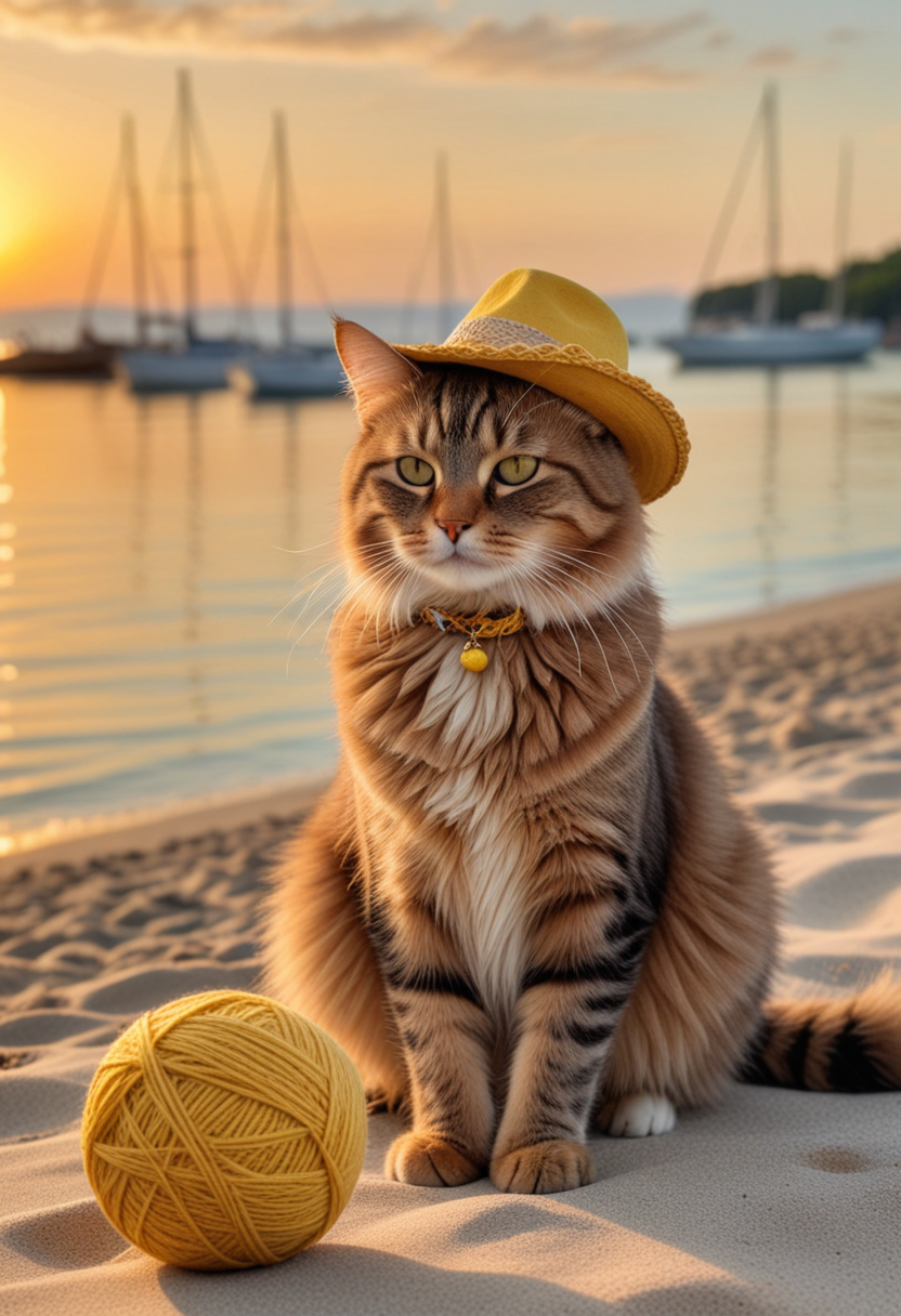(medium full shot) of (regal cat), brown fur, patched, yellow, fancy hat,  set in  a serene beach with calm waters, distant sailboats, and a tranquil environment , during sunset, while playing with a ball of yarn, Masterpiece,best quality, photo, realistic, very aesthetic,