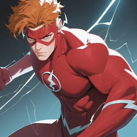 <lora:WALLY_WEST:1> wally_west, solo, short hair, green eyes, blonde hair, brown hair, 1boy, closed mouth, male focus, orange hair, english text, speech bubble, muscular, mask, bodysuit, muscular male, meme, electricity, toned male, superhero, red bodysuit, lightning, domino mask, red mask, looking at viewer, pectorals, serious, lightning bolt symbol, eye mask, two-tone bodysuit, detailed background, motion blur, film grain, abstract, natural lighting, fantasy, cinematic, dynamic view, very awa, masterpiece, best quality, absurdres, newest, perfect quality, detailed background, intricate details, (artist:fl \(l-fl\):0.7), (artist:tooboshoo:0.7), (artist:dizdoodz:0.8)