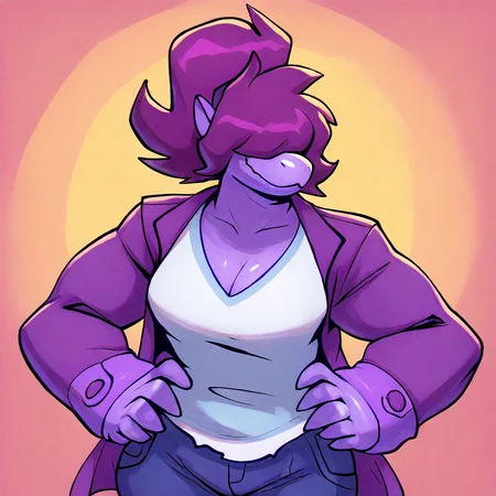 Susie_(Deltarune), reptile, female, hair covering eyes, purple body, Solo, smile, white shirt, open purple shirt, jeans, upper body, hands on hips