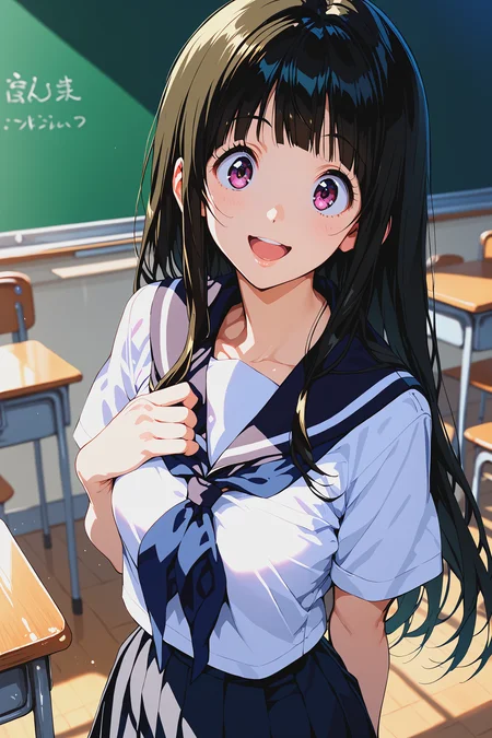 score_9, score_8_up, score_7_up, score_6_up, score_ANIME, BREAK,
ceiiai chitanda eru, from above, head tilt, long hair,
1girl, solo, black hair, smile, blunt bangs, close up,
school uniform, serafuku, kamiyama high school uniform (hyouka), sailor collar, black sailor collar, shirt, white shirt, skirt, black skirt, pleated skirt, dark blue neckerchief, short sleeves, white sleeves,
upper body, hands on own chest, open mouth wide, wide-eyed,
classroom,
<lora:eru01-e10:1>