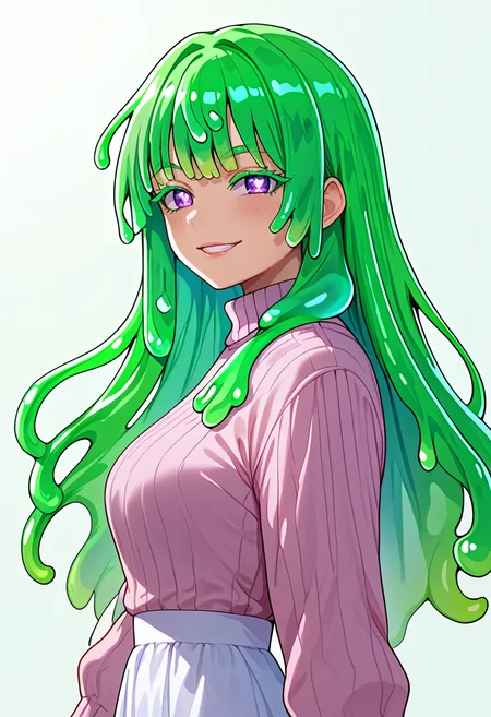 score_9_up, 1girl, solo girl, best quality, masterpiece, from side, dynamic pose, looking at viewer, ,
<lora:Neneya_Green:1> NeneyaGreen, green haired slime girl, slime hair, long hair, bangs, purple eyes, x shaped pupils, green colored eyelashes, bright smile, (((adult))) medium breast, white shoulder free sweater with white frilled skirt,