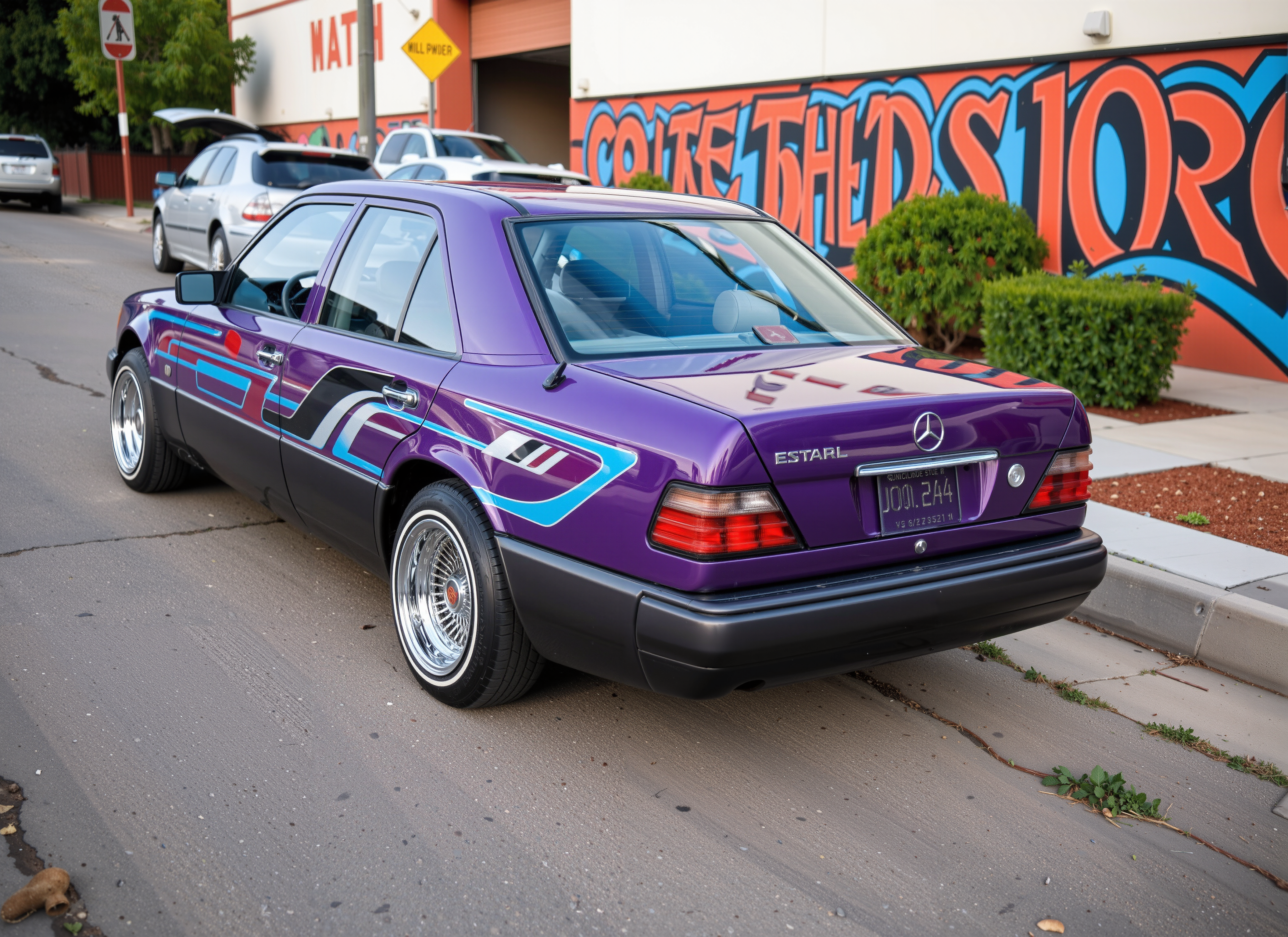 a mercedes W124 lowrider, chromaflair purple metalflake paint with blue and white straight line designs on it,  white sidewall tires, chrome wire wheels, in a los angeles street   <lora:w124_flux:1> <lora:lowrider:1>