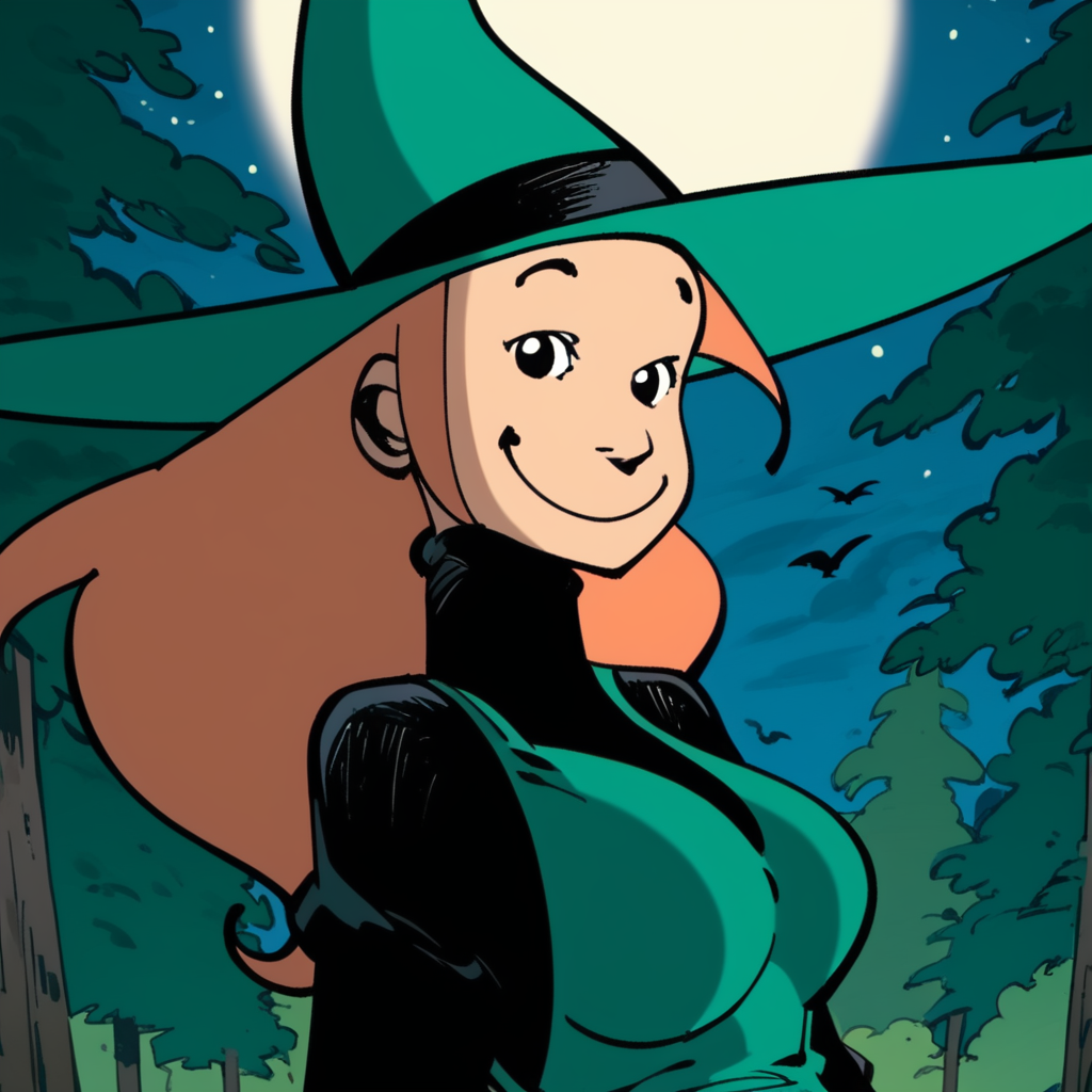 score_9, score_8_up, score_7_up, 1girl, solo,  <lora:Melusine:1.15>, melusine, black eyes, witch hat, aqua headwear, black turtleneck, aqua dress, black pantyhose, upper body, looking at viewer, smile, forest, night sky, full moon,