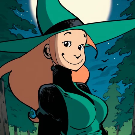 score_9, score_8_up, score_7_up, 1girl, solo,  <lora:Melusine:1.15>, melusine, black eyes, witch hat, aqua headwear, black turtleneck, aqua dress, black pantyhose, upper body, looking at viewer, smile, forest, night sky, full moon,