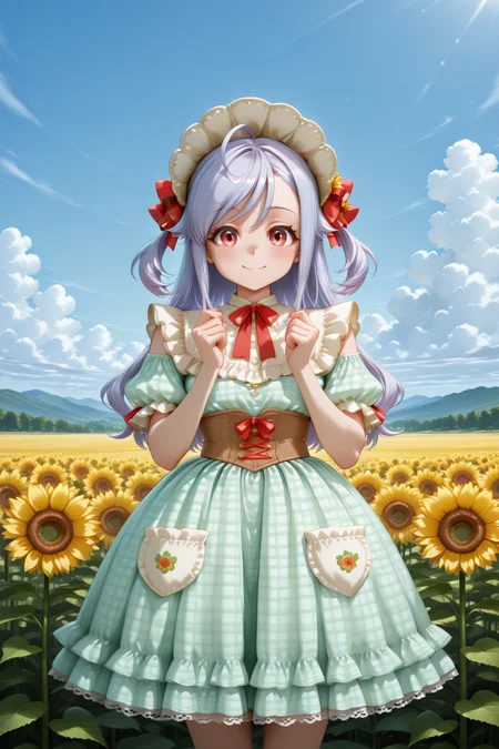 masterpiece, best quality, amazing quality, 1girl, solo, makeup, perspective, general, looking at viewer, cowboy shot, innocent smile, blush, alps, hill, grass, dance, hands up, very happy, holding edelweiss \(flower\), edelweiss \(flower\), day, cloud, sky, sunlight, beautiful scenery, <lora:Niizuma_Yae_SIRIUS:1>, Niizuma_Yae_SIRIUS, long hair, red eyes, hair bow, red ribbon, purple hair, two side up, ahoge, sidelocks, swept bangs, <lora:Sunberry_Patchwork_Bloom_Dress:1>, Sunberry_Patchwork_Bloom_Dress, green dress, frilled dress, plaid dress, bow, sunflower, puffy short sleeves, lace trim, cross-laced clothes, corset, ribbon, apron, bonnet, hat flower, socks, bowtie, <lora:wai-2Rectified-V140:1>, <lora:illustrious_noobai_epsilon_pred_1_masterpieces_v1:1>