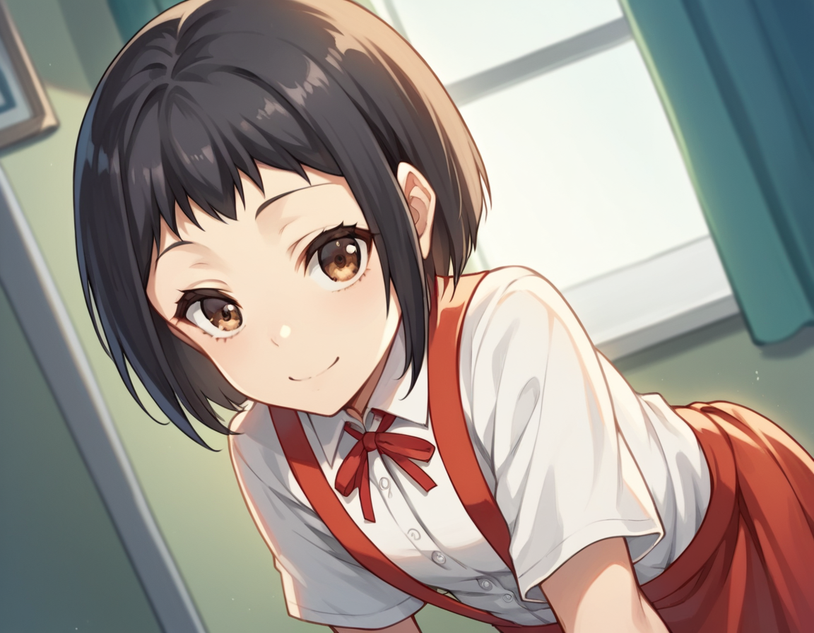 score_9, score_8_up, score_7_up, source_anime, <lora:hanako-hasegawa-ova-ponyxl-lora-nochekaiser:1>, hanako hasegawa, short hair, black hair, brown eyes,, skirt, shirt, ribbon, school uniform, white shirt, red ribbon, suspenders,, indoors, bent over, smile, looking at viewer, solo,, cowboy shot, dutch angle