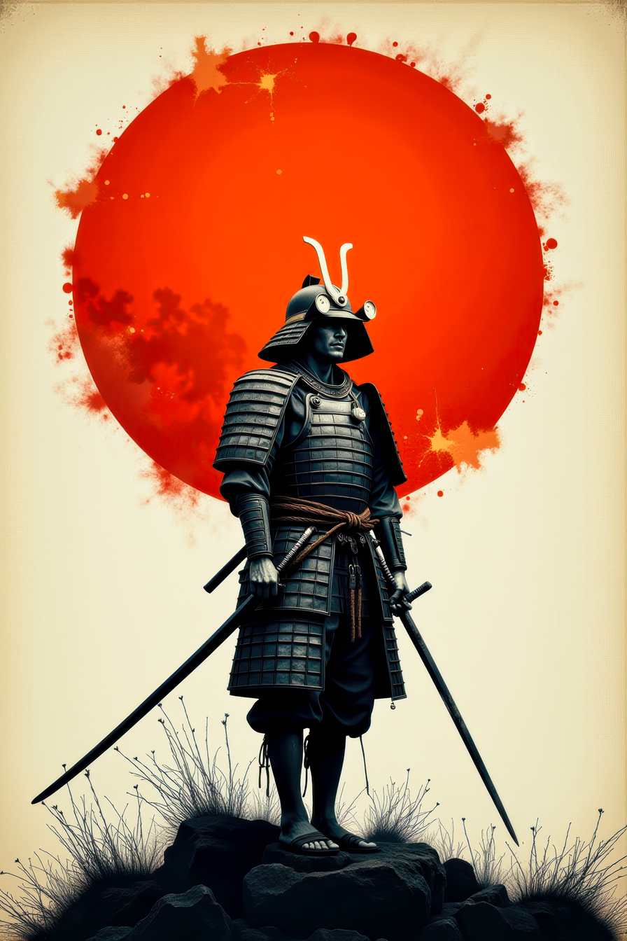 A minimal Anthotype print of the last weary samurai standing after an intense battle.   He wears no armor nor any helmet. He holds his sword in hand.  He is battered, bruised, and bleeds from several minor wounds.  He is weary, disgusted, disheartened, and saddened at the lives that were lost.  A prominent orange rising sun dominates the background.  This is a full frame body shot, from head to feet, providing a environmental wide angle view of the entire body.  intricate details, masterpiece, best quality.  Soft volumetric lighting.  <flux_realism_lora:0.42> <FluxDFaeTasticDetails:0.36> <BaroqueColorful:0.48>